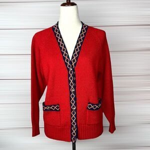 Red Knit Cardigan with Navy Geometric Trim